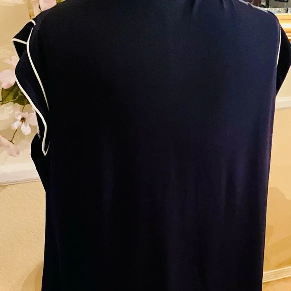 Adrianna Papell Dark Blue and White Tie Front Blouse with Sailor Collar - Picture 3 of 4